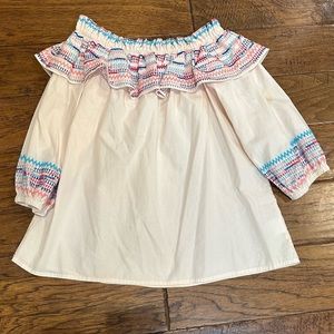 Parker Pink off shoulder top w/ ruffle detail and blue/ pink stitching on ruffle